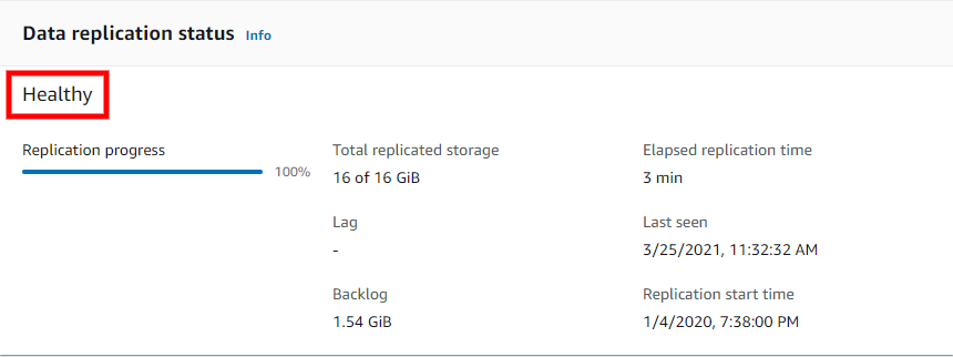 Data replication status showing "Healthy" with 100% progress and full storage replication.