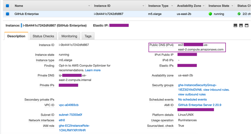 Console screenshot showing instance description