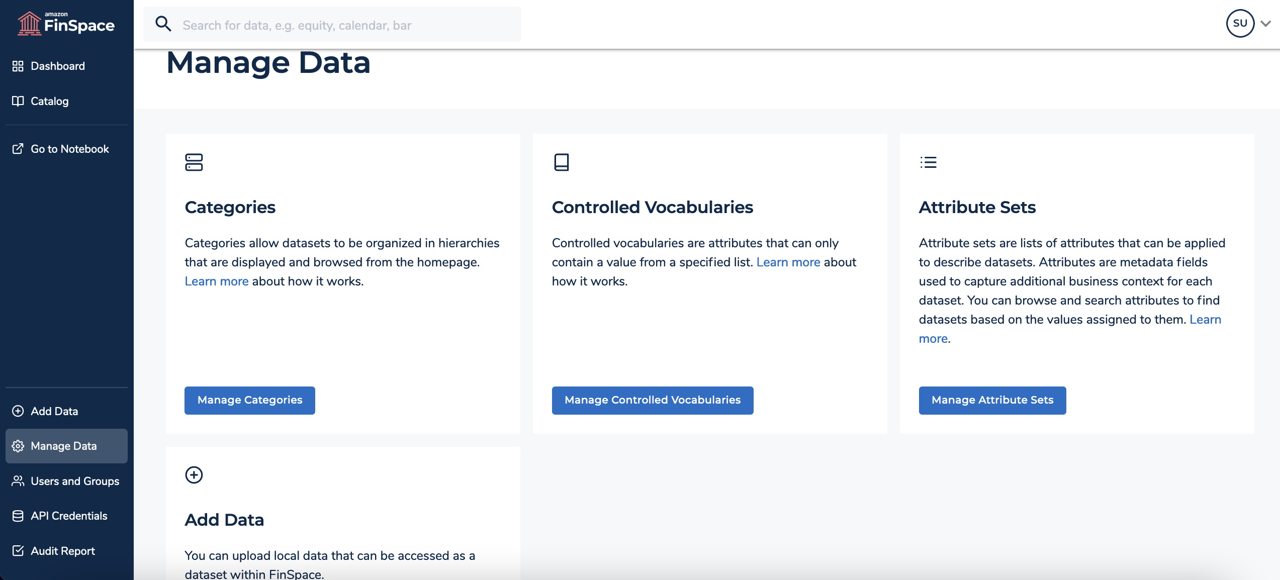 A screenshot of the Manage Data page in FinSpace.