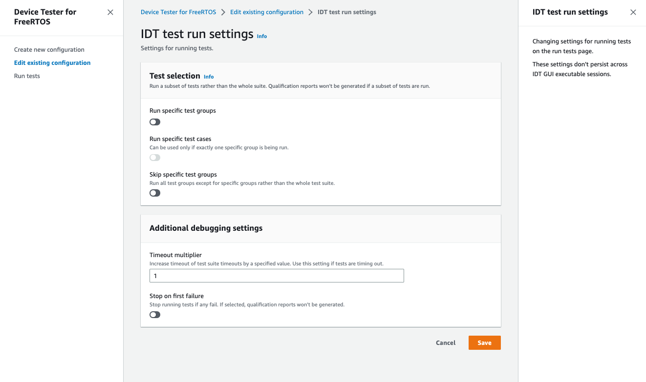 IDT test run settings dialog with options for test selection, skipping test groups, timeout multiplier, and stopping on first failure.