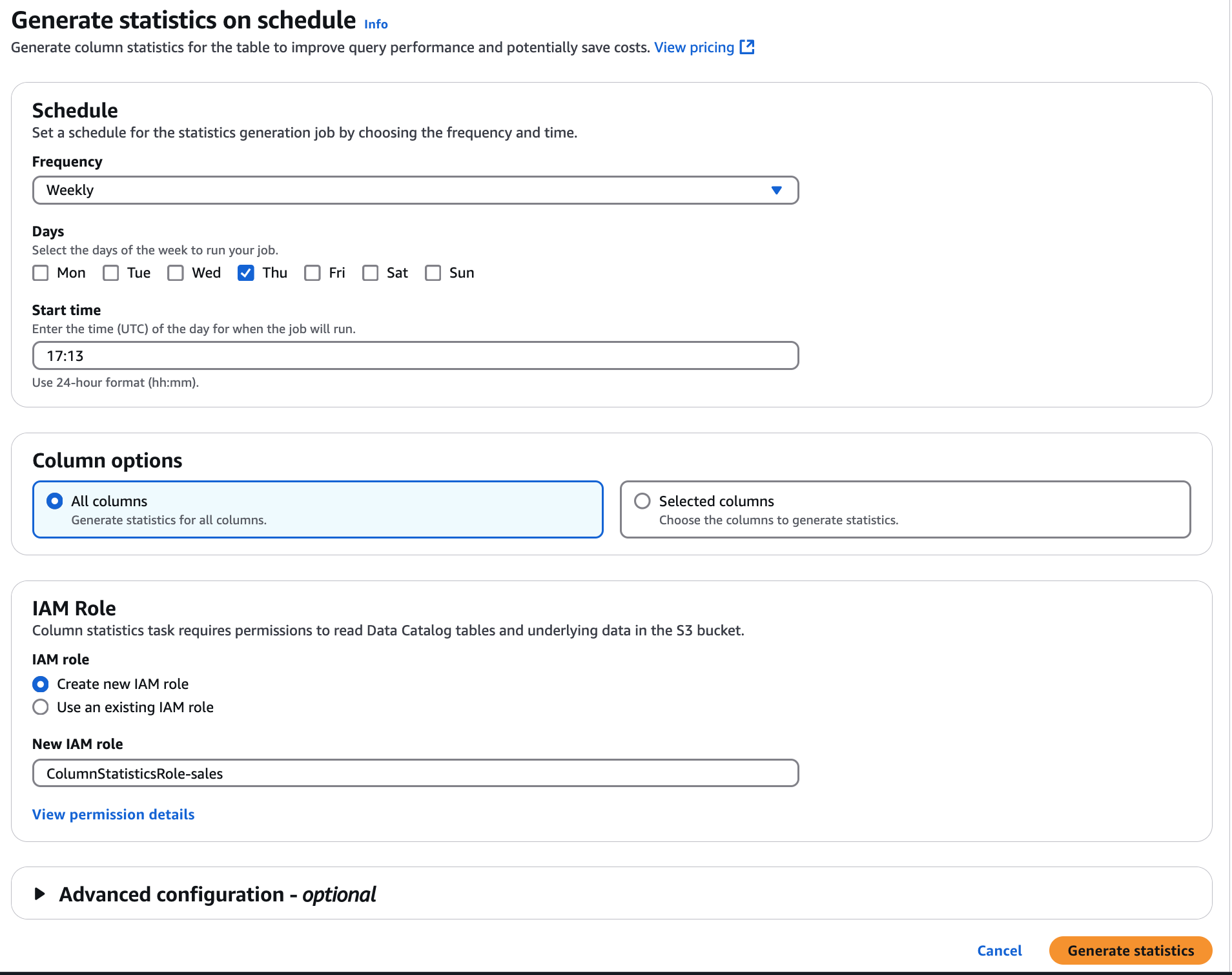 The screenshot shows the options available to generate column stats.