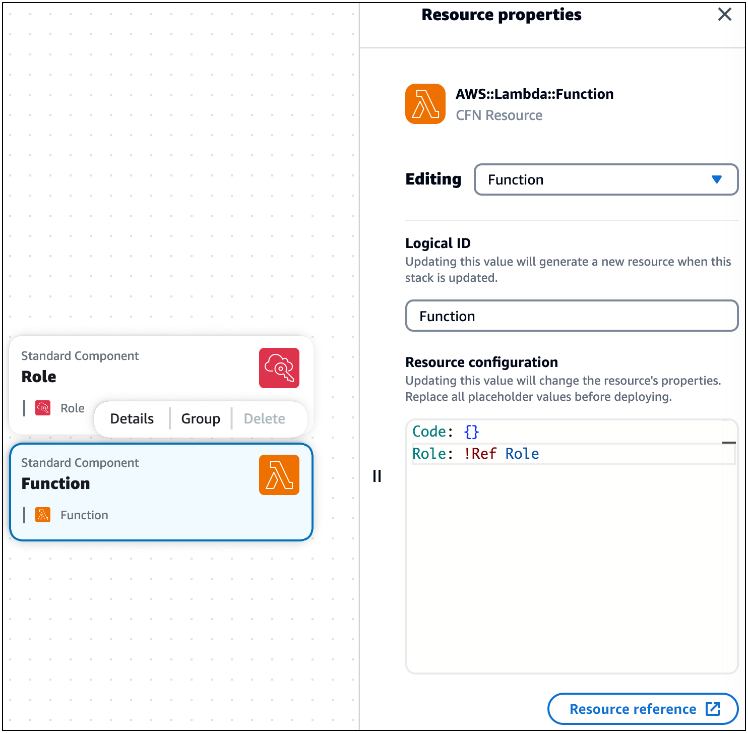 The Resource properties panel for the AWS::Lambda::Function standard component card.