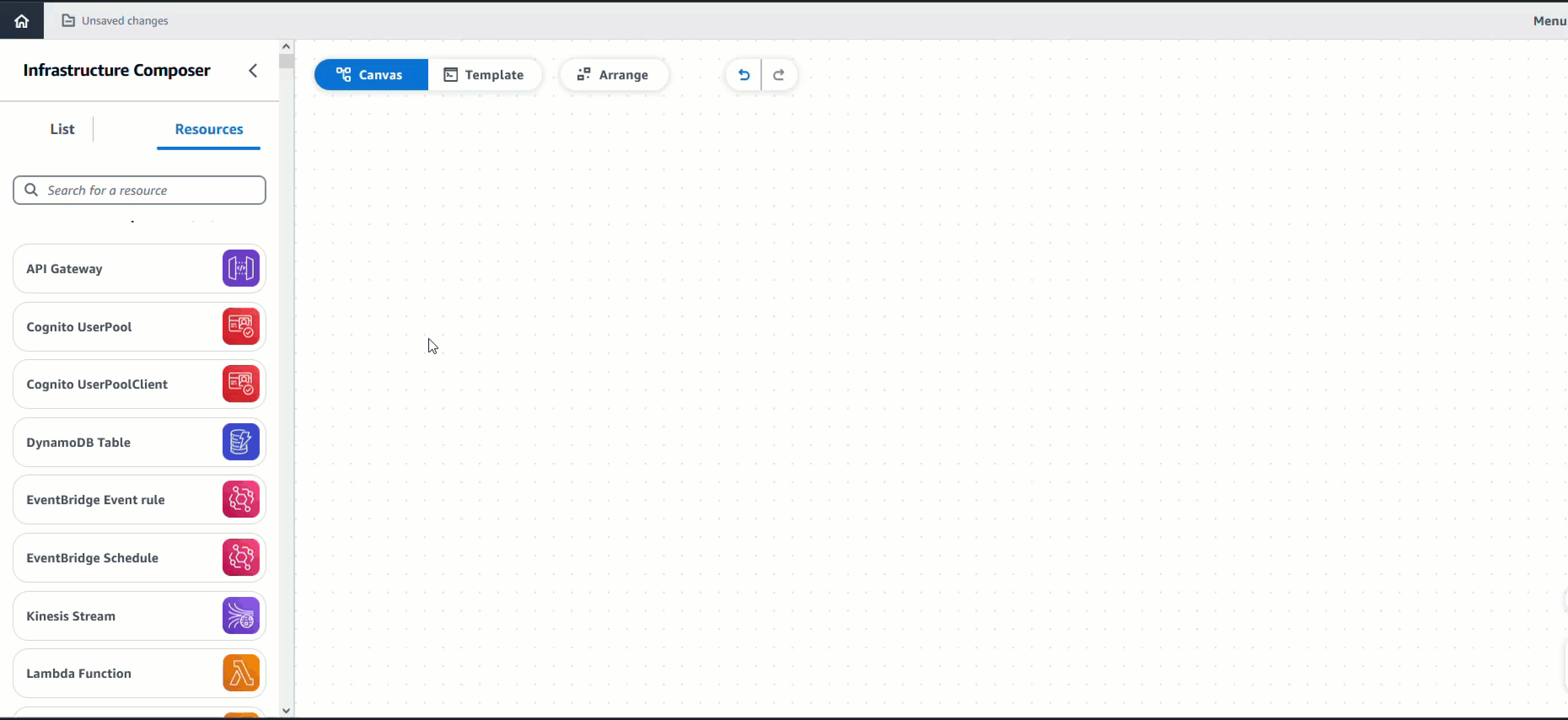 The Infrastructure Composer canvas with an unconnected API Gateway API, Lambda function, and DynamoDB table.