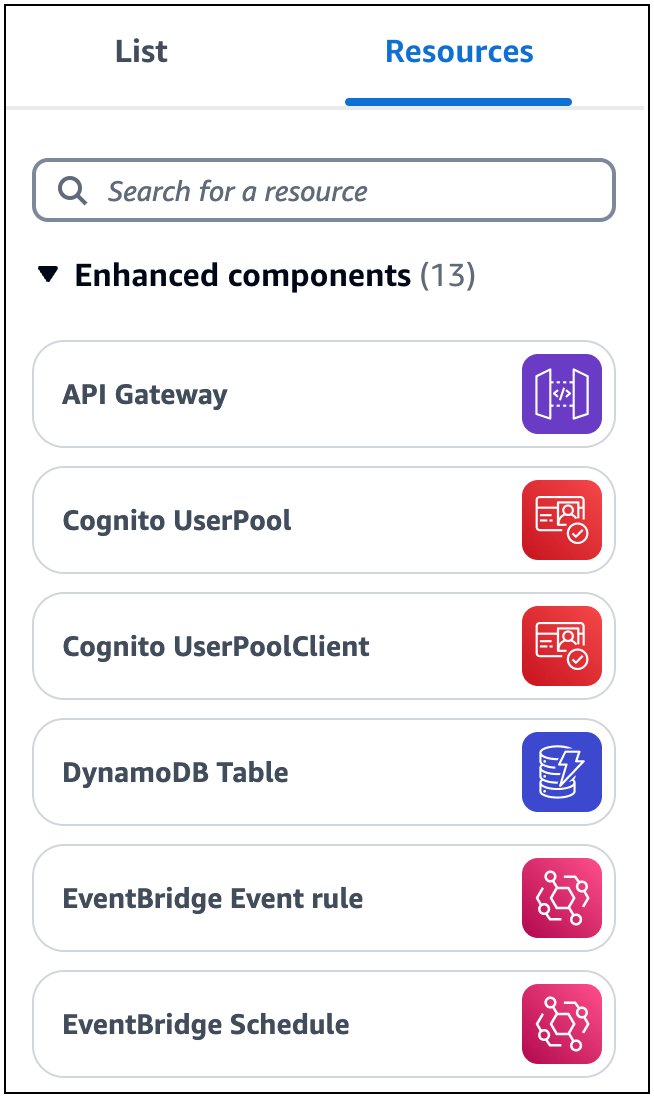 The resource palette is selected and shows featured resources that you can use in your application architecture.