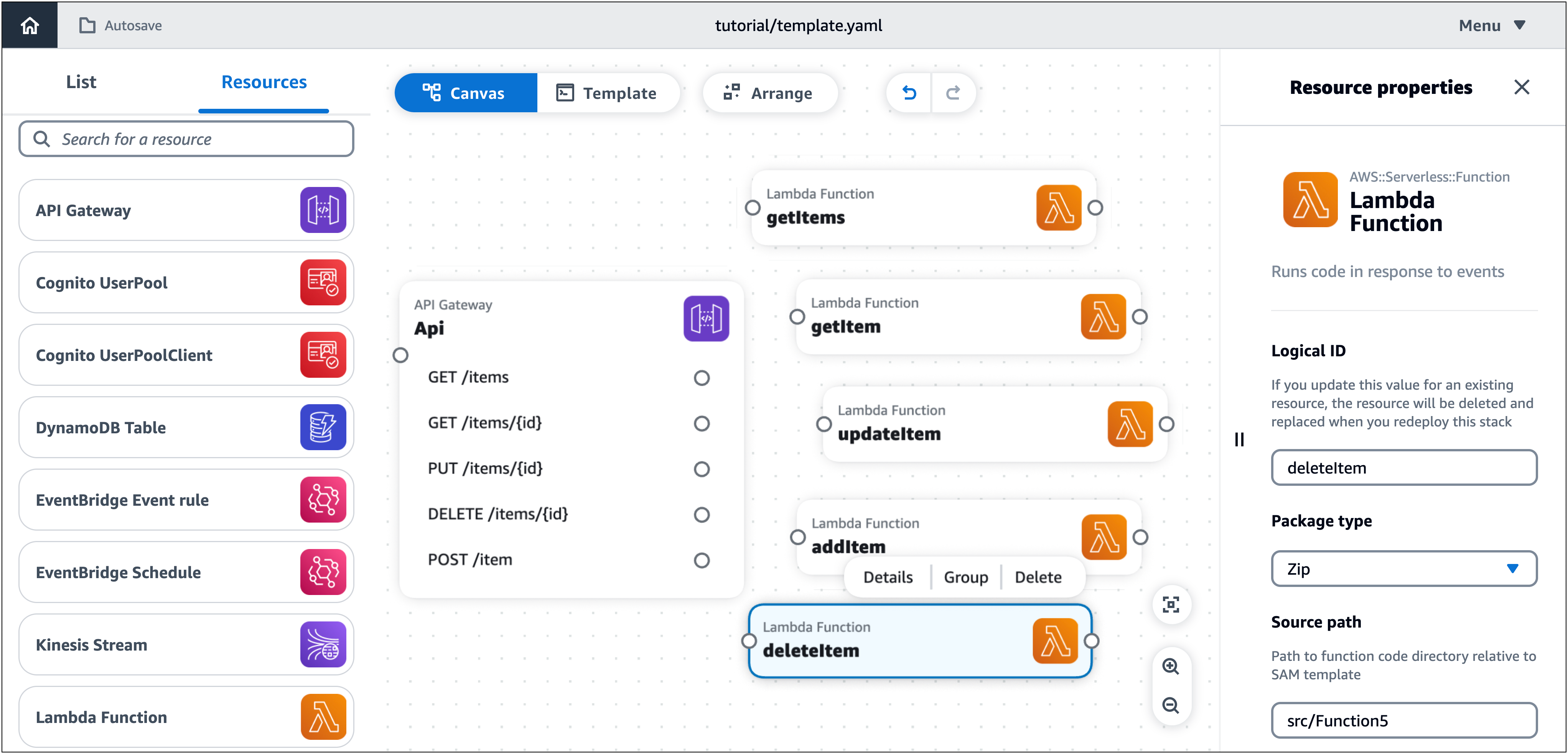 The Infrastructure Composer visual canvas with five named Lambda Function resource cards.