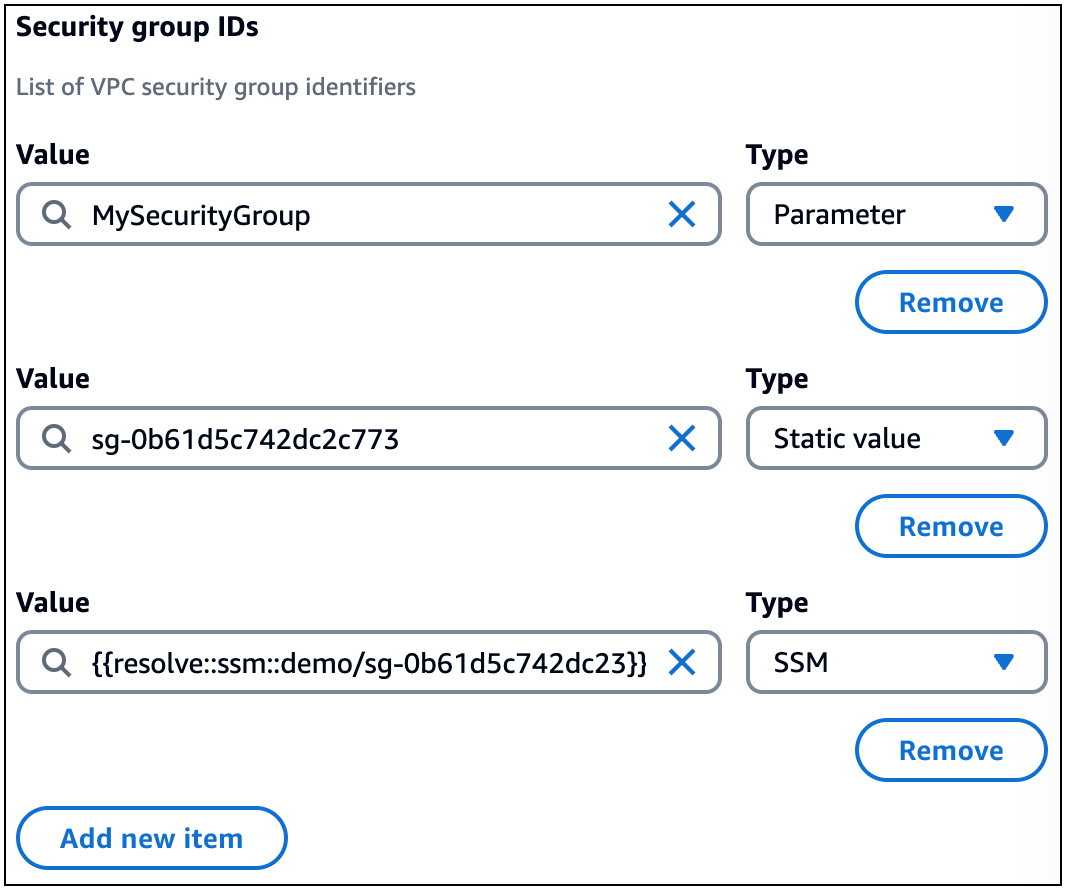 Three different value types being used to provide identifiers for the security group ID field of a Lambda function.