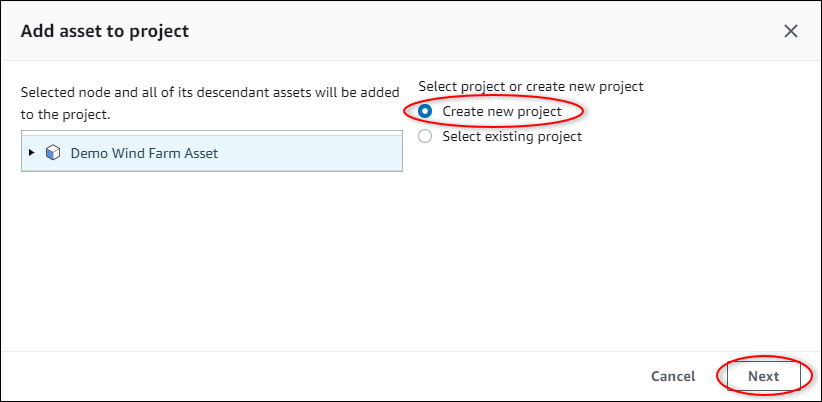 The "Add asset to project" dialog box with "Create new project" highlighted.