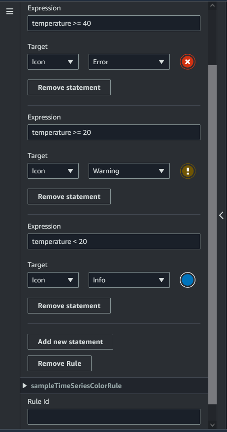 Example visual rules with temperature based expressions that activate error, warning, and info icons.