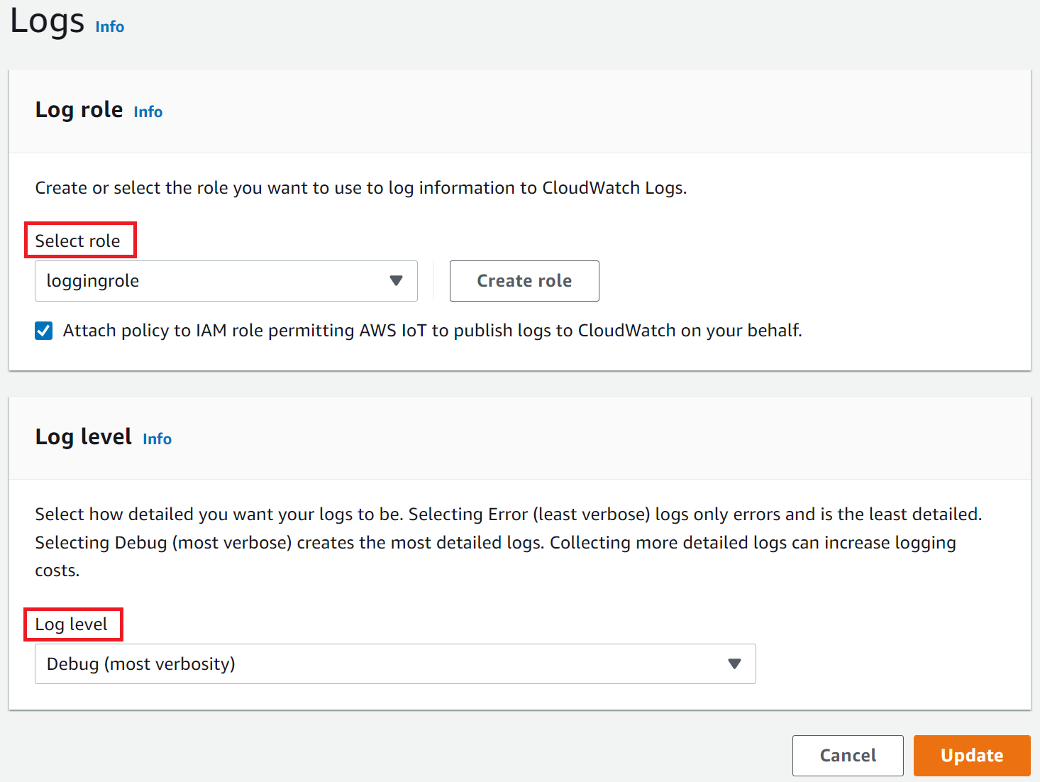 The Logs page displaying the log role and log level.