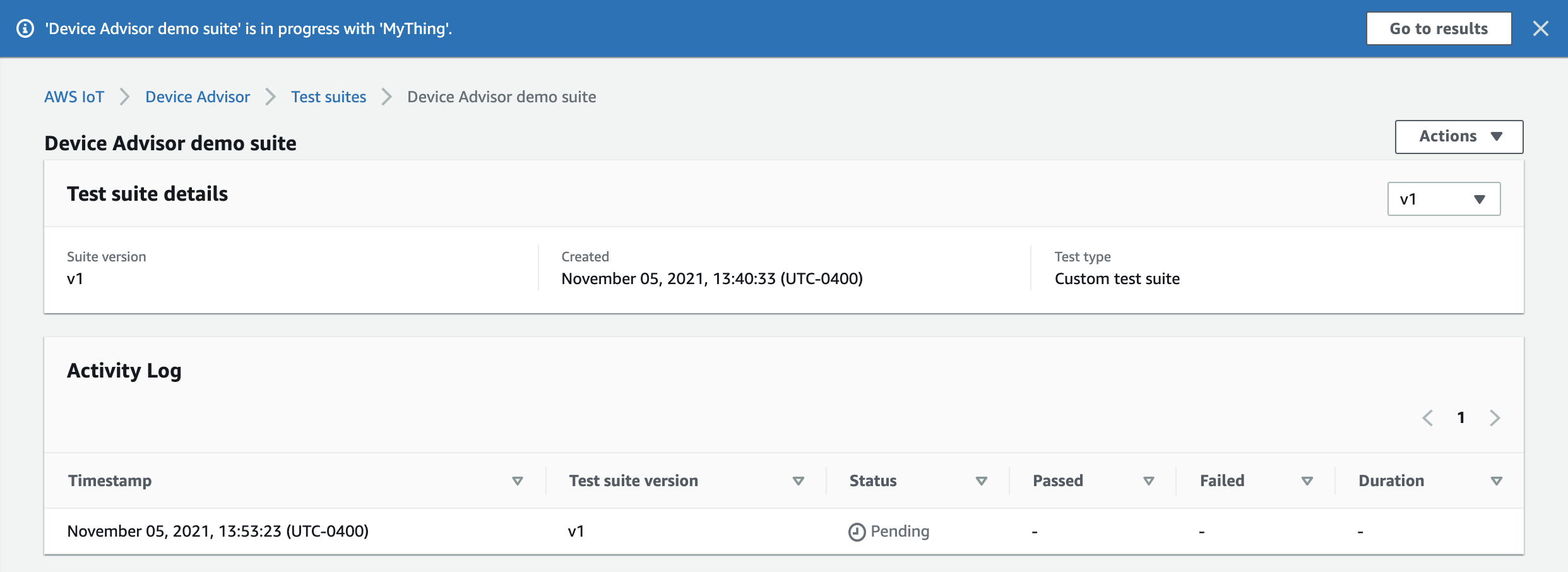 Details of a custom test suite titled 'Device Advisor demo suite' in progress with the status 'Pending'.