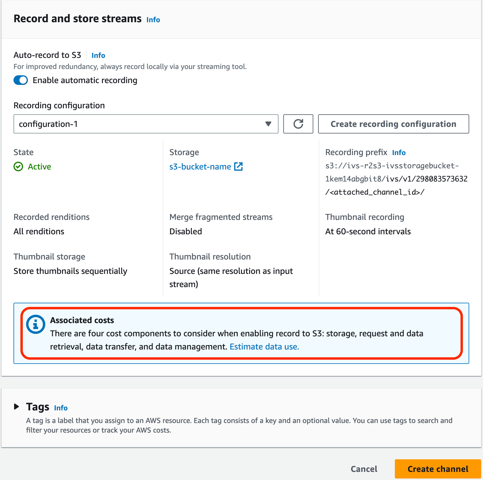 Select Auto-record to S3 in the Record and store streams area to display information about Associated costs.