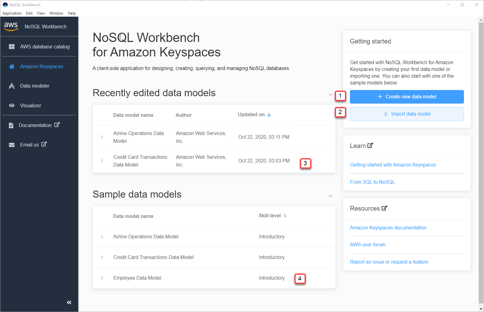 Console screenshot that shows the data modeler start page.