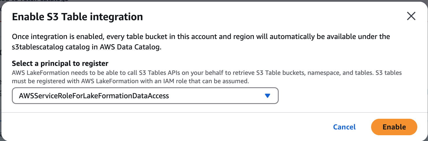 The enable S3 integration screen with IAM role.