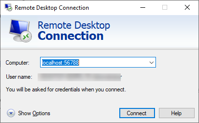 Connect with the RDP client using the port forwarding session image.