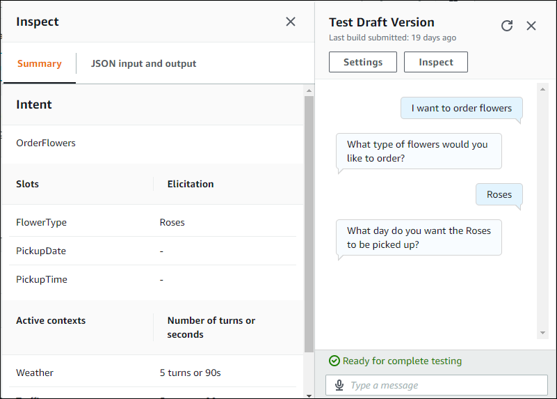 The test window showing the summary view of a conversation with a bot.