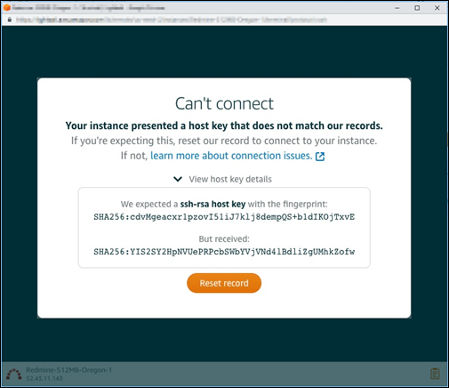 Host key or certificate mismatch error for the Lightsail browser-based SSH or RDP client.