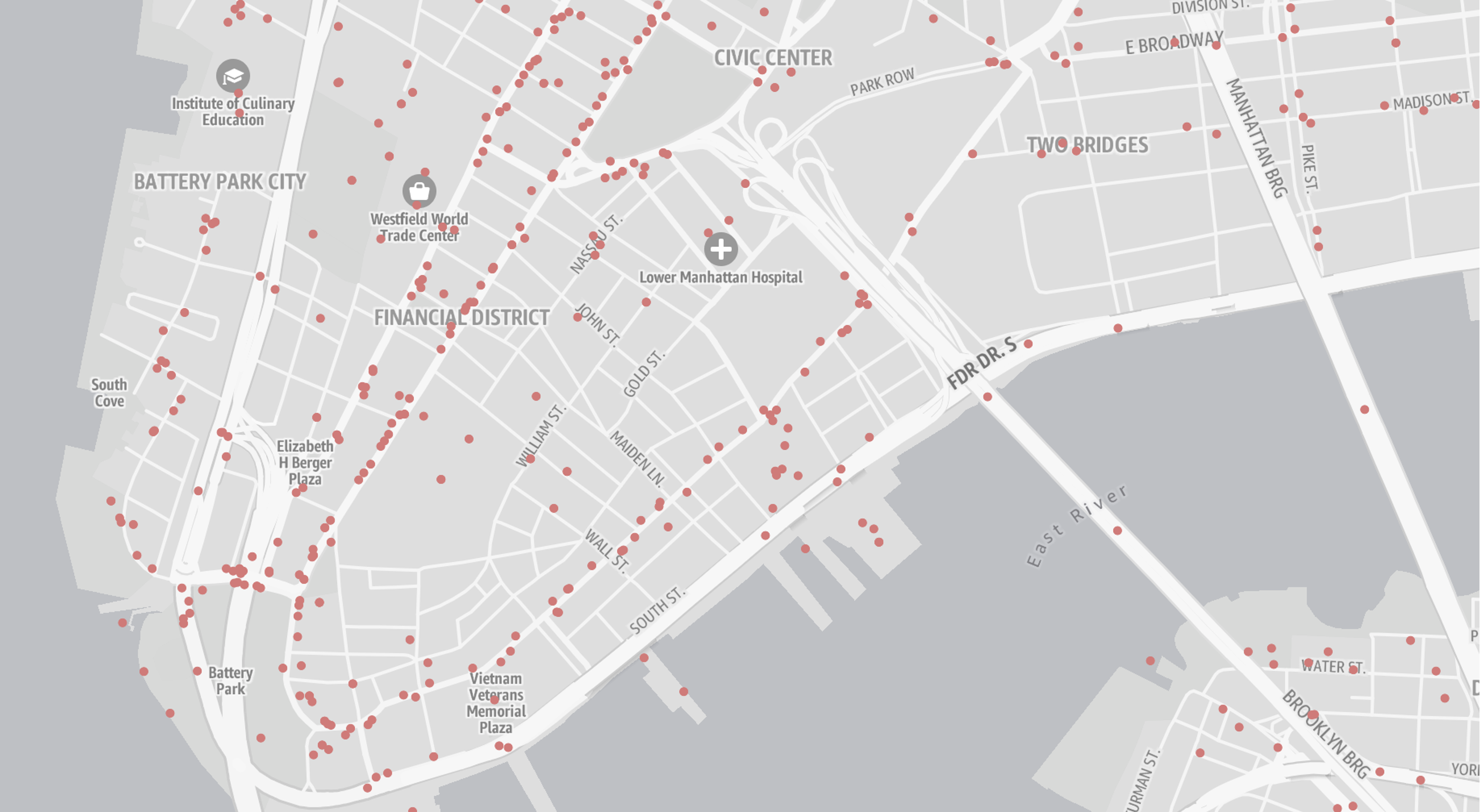 Map of lower Manhattan showing streets, landmarks, and red dots indicating data points.