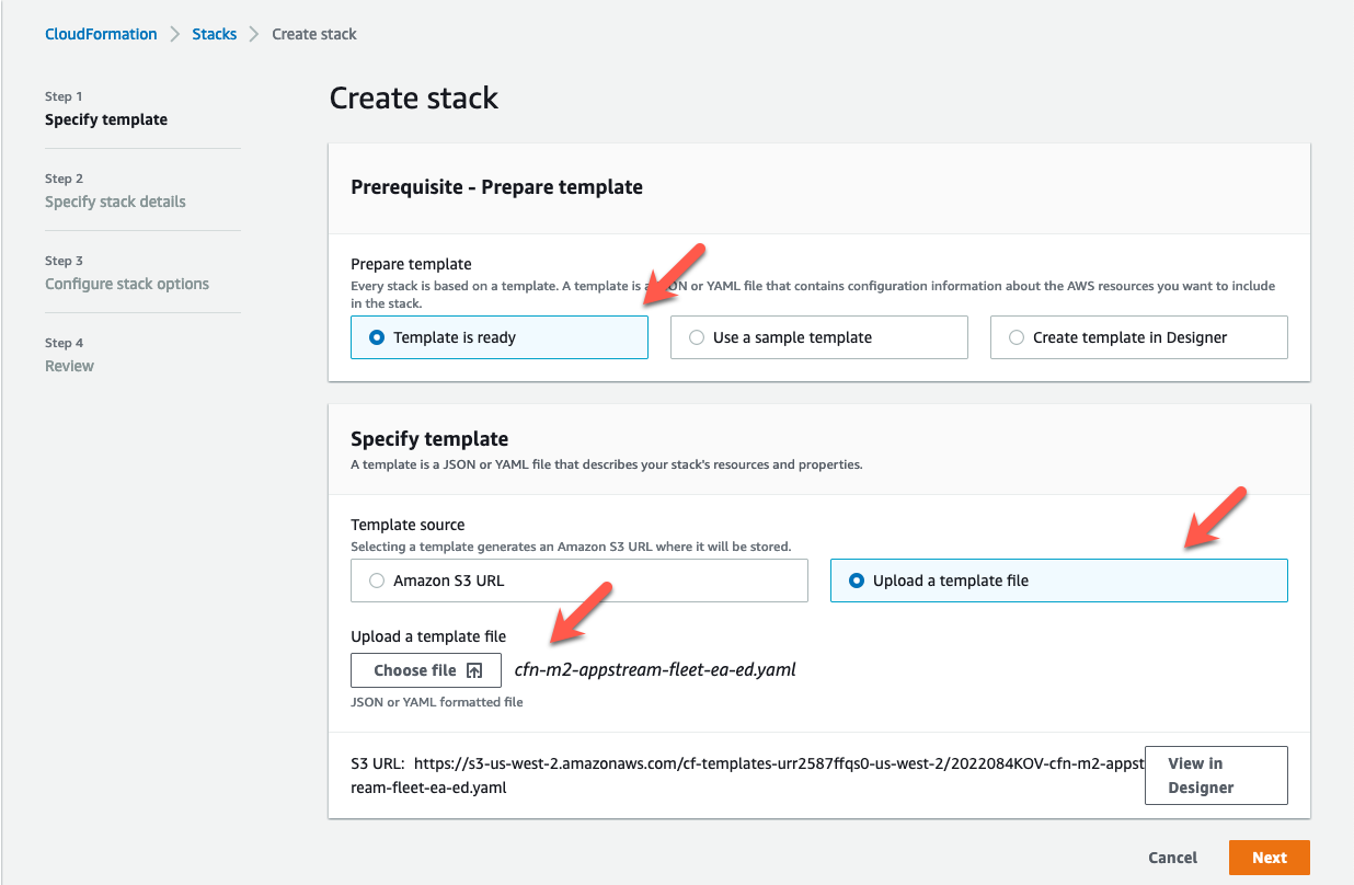 The CloudFormation Create stack page with selected cfn-m2-appstream-fleet-ea-ed.yml template.