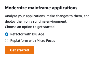 The Modernize mainframe applications section with selected Refactor AWS Blu Age.