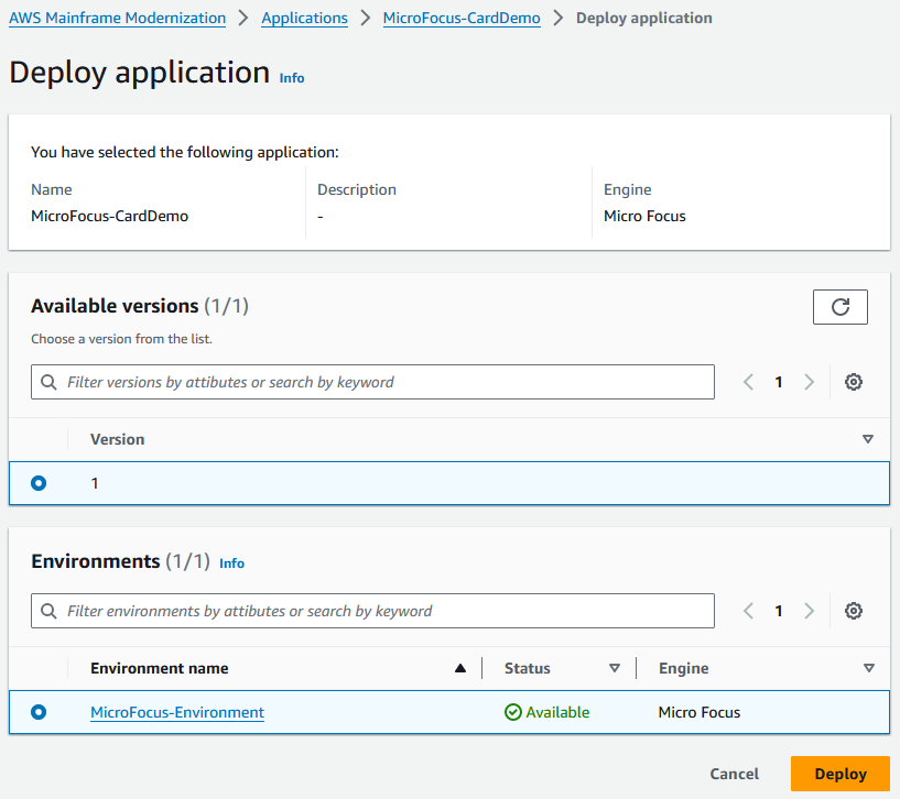 The Deploy application and environment page.