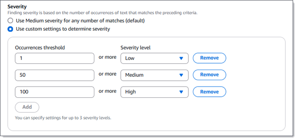 Severity settings that specify occurrences thresholds for Low, Medium, and High severity levels.