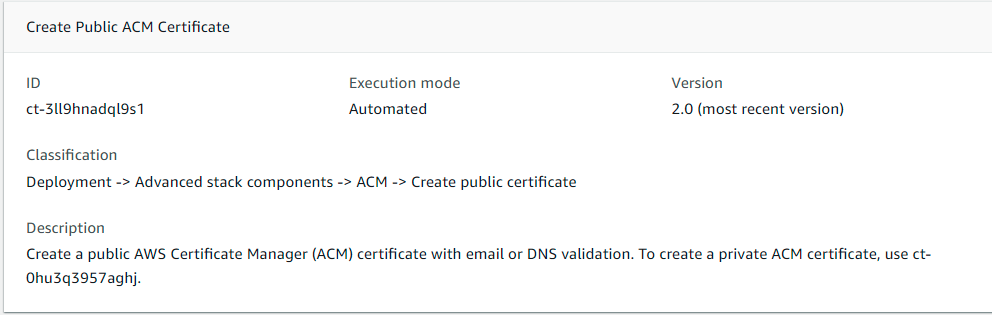 Create Public ACM Certificate interface showing ID, execution mode, version, and description.