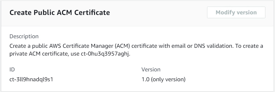 Create Public ACM Certificate interface with description, ID, and version details.