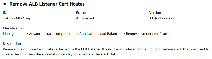 Remove ALB Listener Certificates change type showing ID, execution mode, version, and classification details.