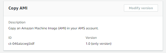 Copy an Amazon Machine Image (AMI) interface showing ID and version details.