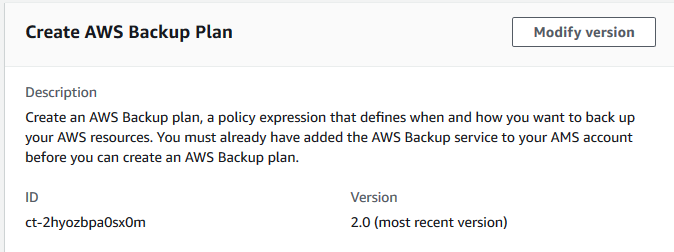 AWS Backup plan creation interface showing description, ID, and version fields.