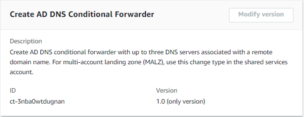 Form for creating an AD DNS conditional forwarder with description and ID fields.