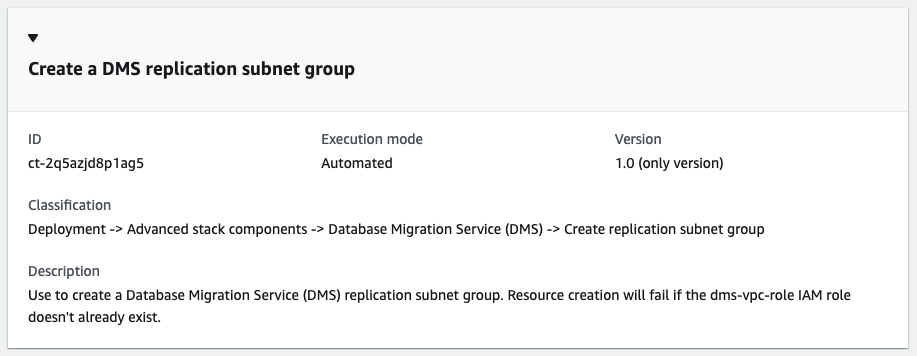 Database Migration Service (DMS) replication subnet group creation interface with ID and execution details.