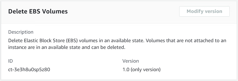 Delete EBS volumes interface showing description, ID, and version details.