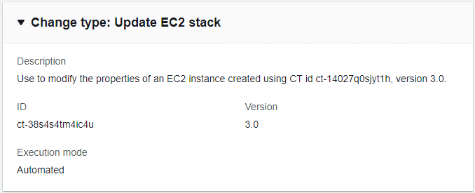 Change type details for updating EC2 stack, including description, ID, version, and execution mode.