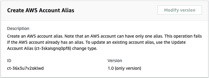 Create AWS Account Alias interface with description and ID/Version fields.