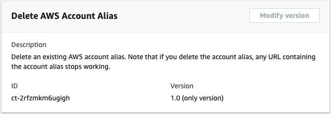 Delete AWS Account Alias interface with description, ID, and version details.