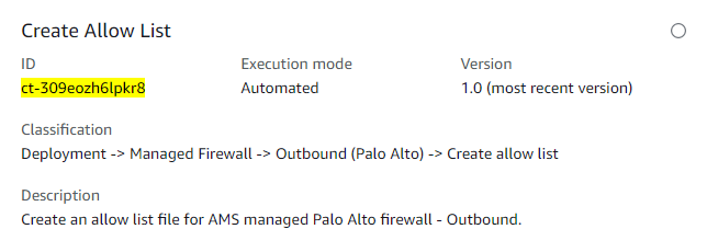 Create allow list interface showing ID, execution mode, version, classification, and description fields.