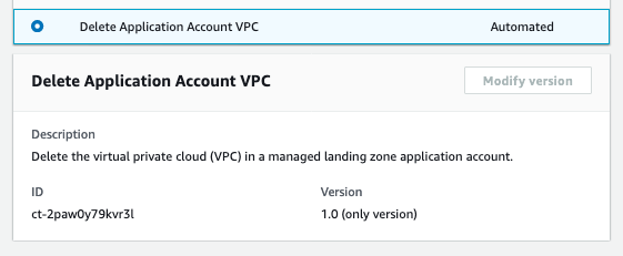 Delete Application Account VPC interface showing description, ID, and version details.