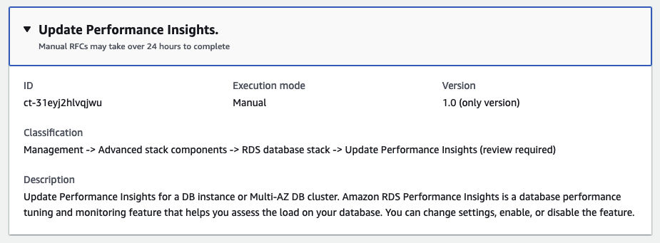 Update Performance Insights panel showing execution mode, version, and description for RDS database tuning.