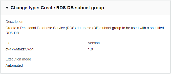 Change type details for creating an RDS DB subnet group, including description and execution mode.