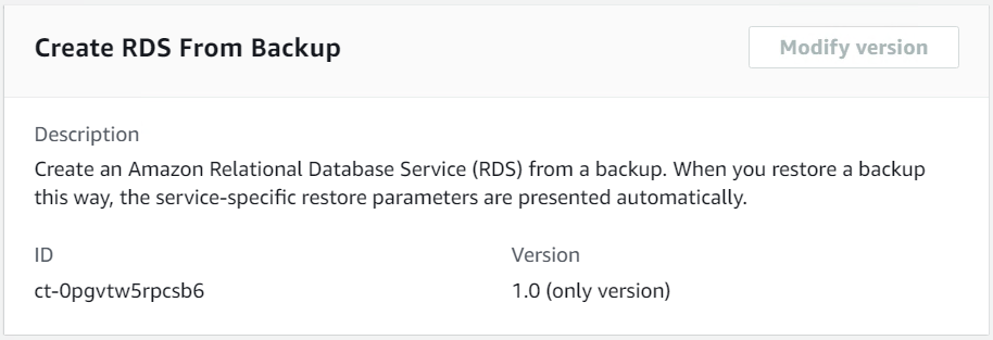 Console interface for creating an Amazon RDS instance from a backup, showing description and version details.