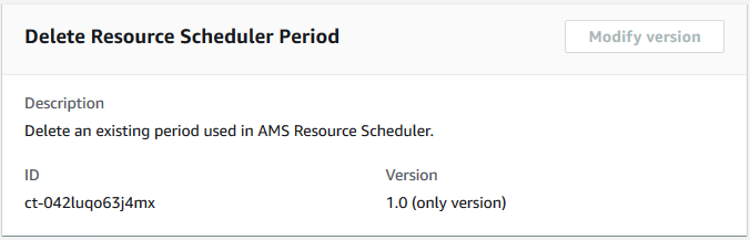 Delete Resource Scheduler Period interface showing description, ID, and version fields.