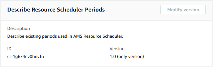 Form titled "Describe Resource Scheduler Periods" with description field and ID/Version details.