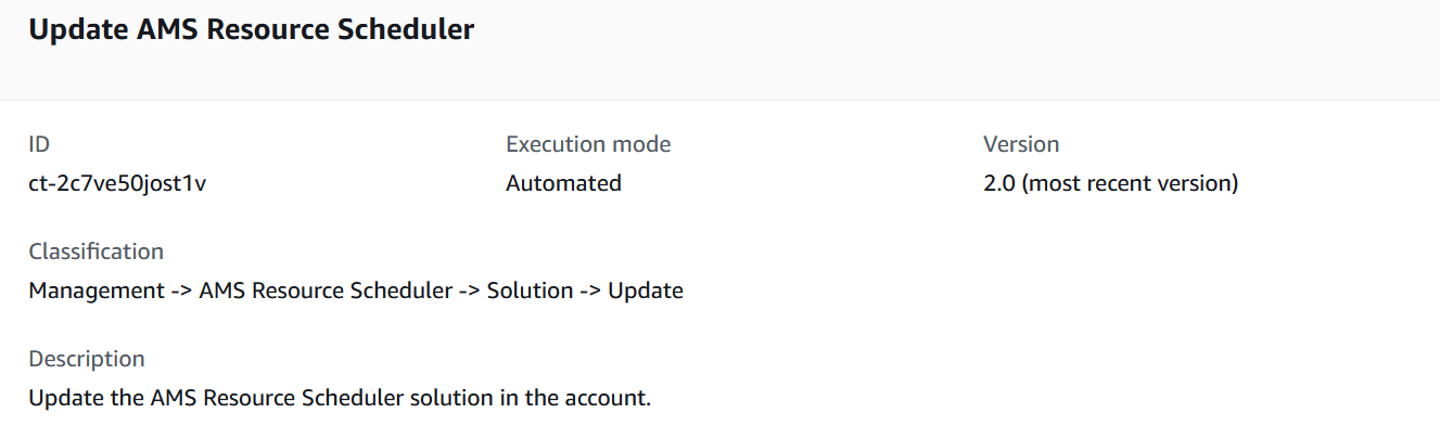 AMS Resource Scheduler update details showing ID, execution mode, version, and classification.