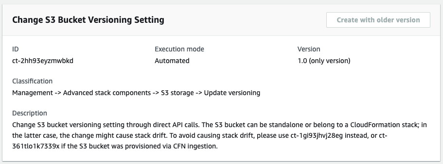 S3 bucket versioning change type with ID, execution mode, version, and description details.