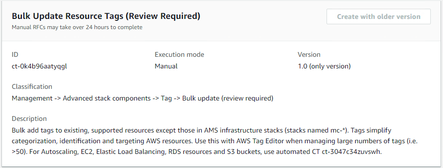 Bulk Update Resource Tags interface showing ID, execution mode, version, and description details.