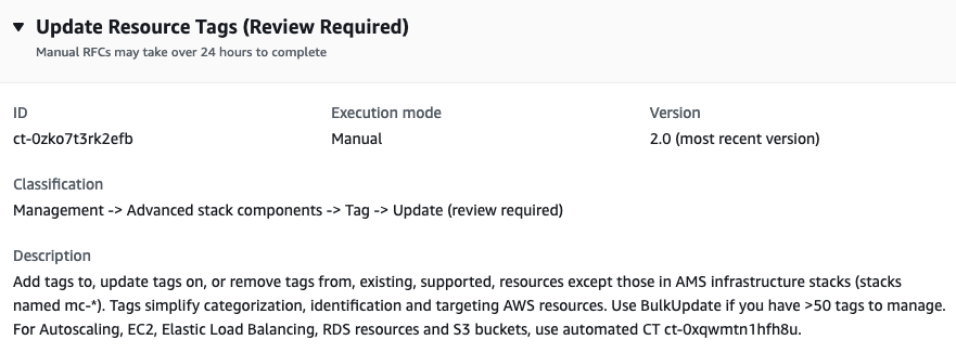 Update Resource Tags interface showing ID, execution mode, version, and description.