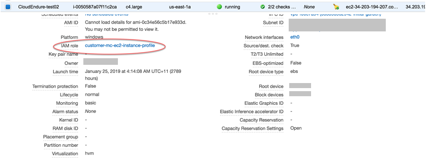 EC2 instance details showing IAM role set to customer-mc-ec2-instance-profile.