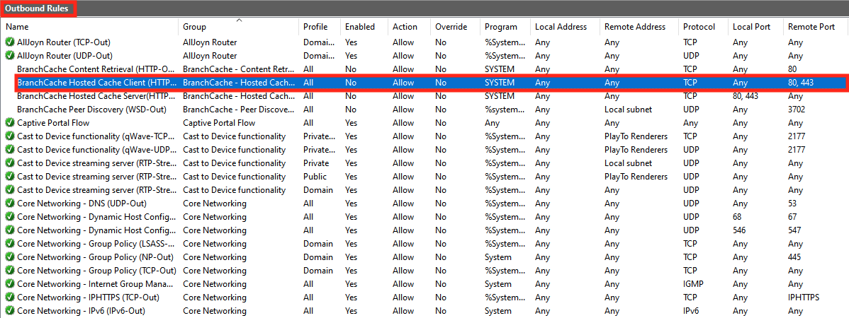 Outbound Rules table showing network configurations, with BranchCache entries highlighted.