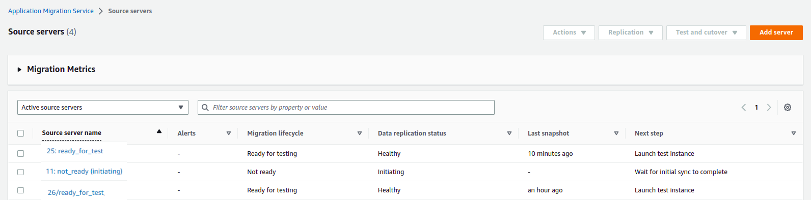 Source servers page showing migration metrics and server details for AWS Application Migration Service.